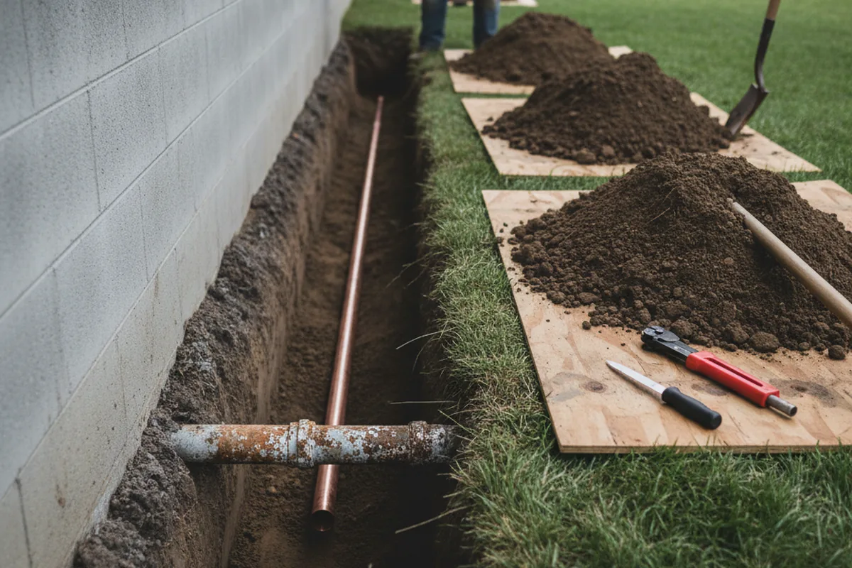 Excavated water line trench during Water Heater Repair in Gilsum